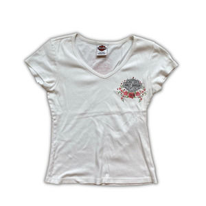 VTG Harley Davidson Women's Red Floral White T-Shirt Rhinestones Sz L Y2K, READ
